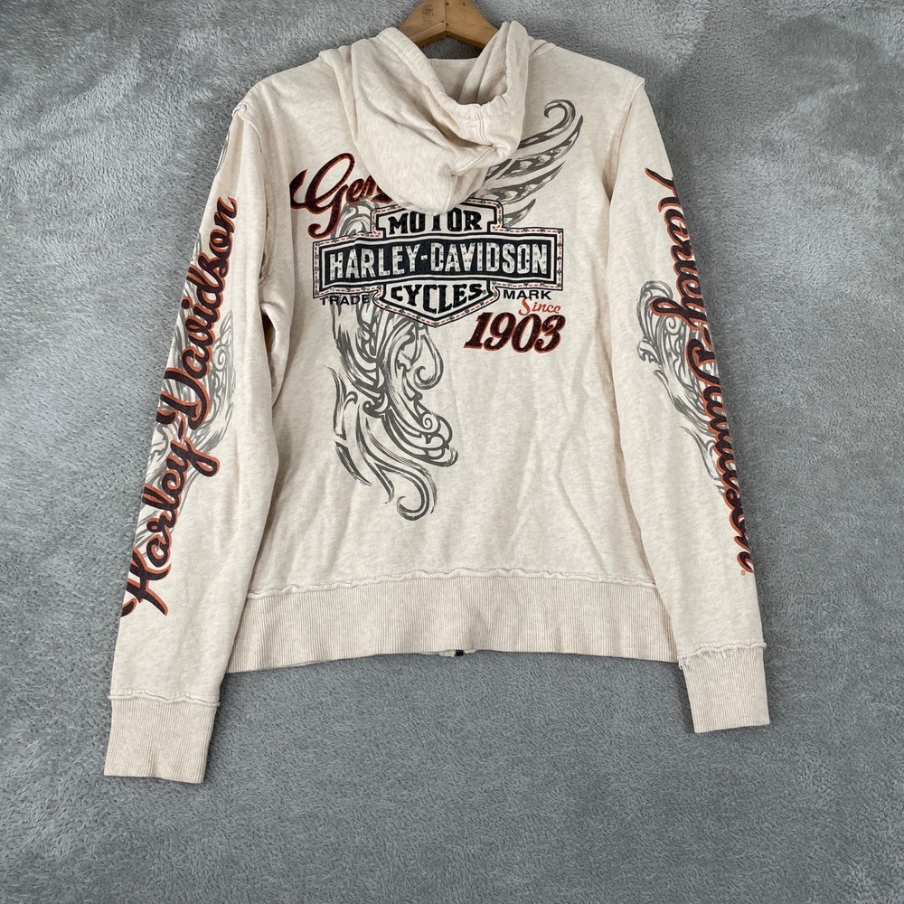 Harley Davidson Hoodie Womens XL Cream Vintage Y2K Rhinestone Biker Scroll - Picture 2 of 10